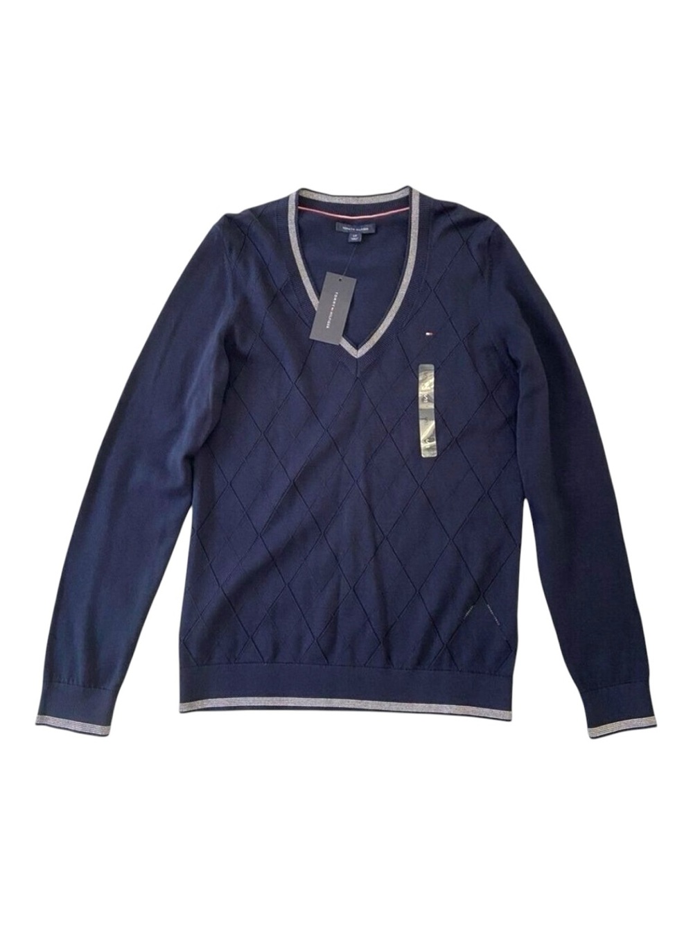 Tommy Hilfiger delicate sweater knit navy blue white 100% cotton V neckline smal